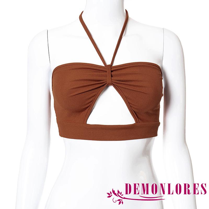 Demonlores-áo Croptop Dệt Kim Hai Dây Màu Trơn Khoét Lỗ Trước Y2K Nóng Bỏng Cho Nữ