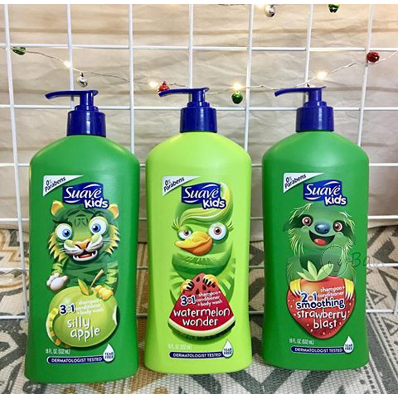 Sữa tắm gội toàn thân 3in1 cho Bé Suave Kids chai vòi 532ml Táo, Dưa hấu, Dâu, Dừa không cay mắt