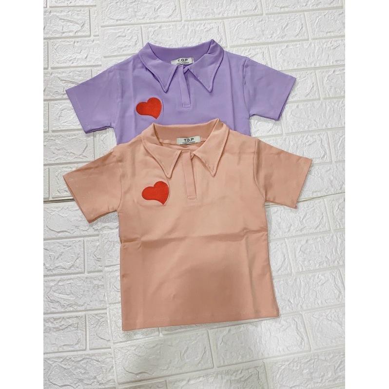 Áo Croptop Thun Tay Ngắn Cổ Bẻ Polo Thêu Trái Tim Hồng Pastel Tím DRACR132