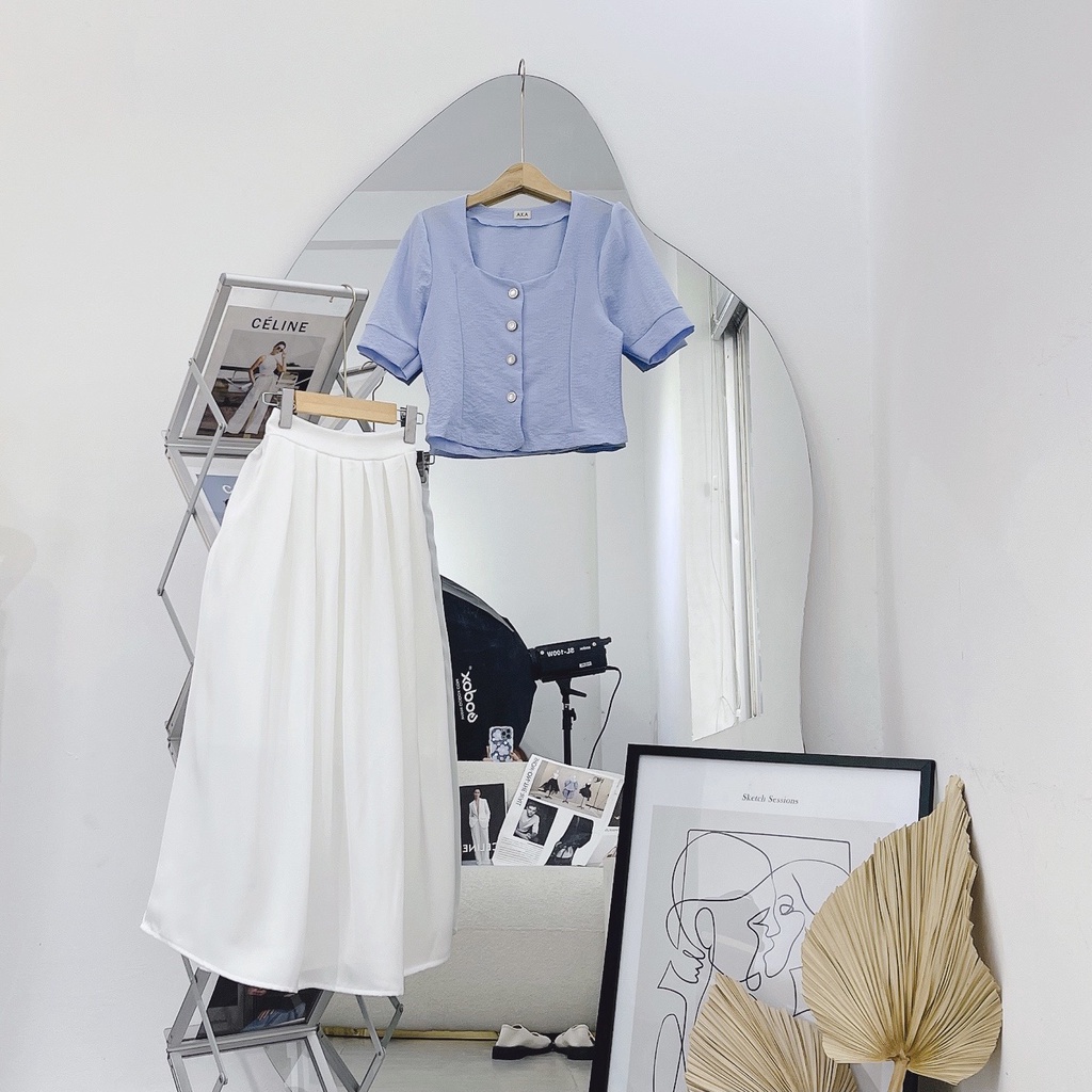 SET ÁO XANH CROPTOP CỔ VUÔNG PHỒNG + CHÂN VÁY MIDI TRẮNG
