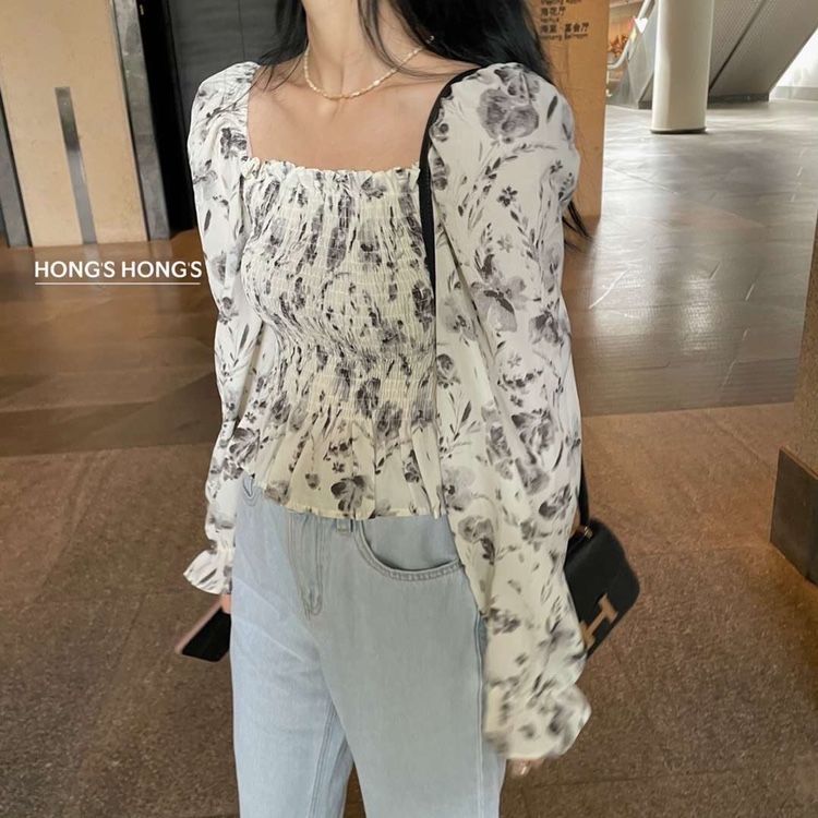 Áo Voan Hoa Tay Phồng Cổ Vuông Thời Trang Hàn Quốc Cho Nữ | BigBuy360 - bigbuy360.vn