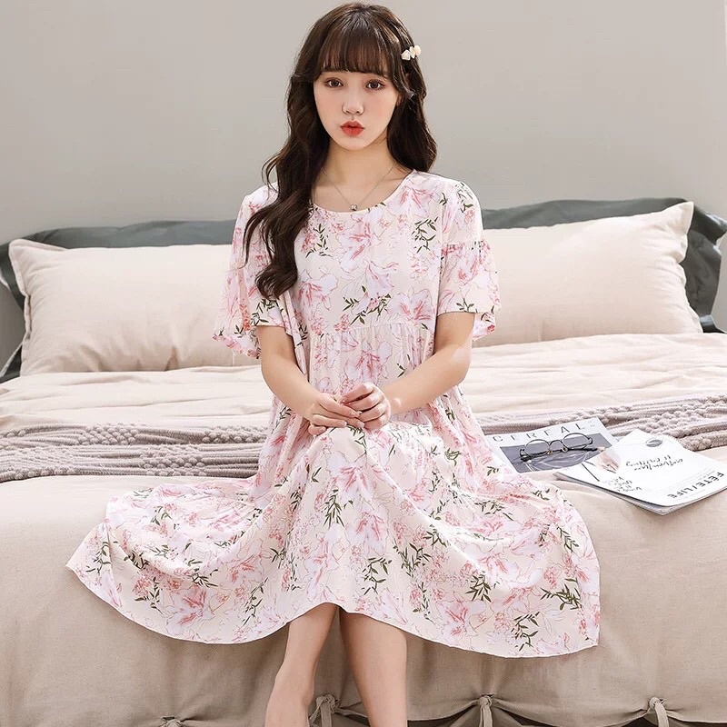 (Mới) Đầm ngủ, đầm lanh lụa freesize rộng siêu mềm mát, hoạ tiết trẻ trung