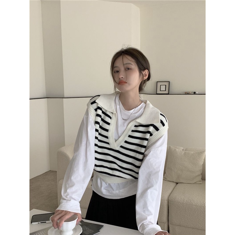 Set áo sơ mi dài tay và áo len không tay họa tiết sọc thời trang dành cho nữ