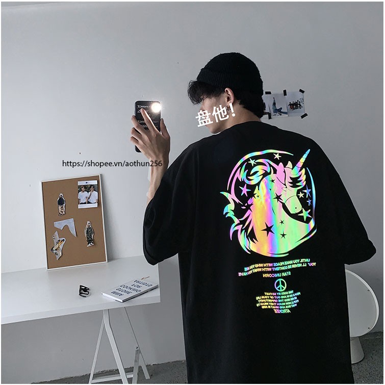 Áo Phông Tay Lỡ Unisex Phản Quang Đa Sắc  Ngựa Hi Lạp phản quang 7 màu, áo thun phong cách streetwear siêu đẹp