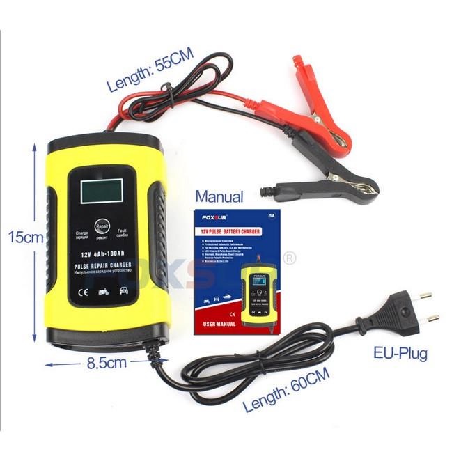 Sạc bình ắc quy ô tô xe máy FOXSUR 12V 4Ah - 100Ah  tự ngắt khi đầy chức năng bảo dưỡng phục hồi ắc quy bằng khử sunfat