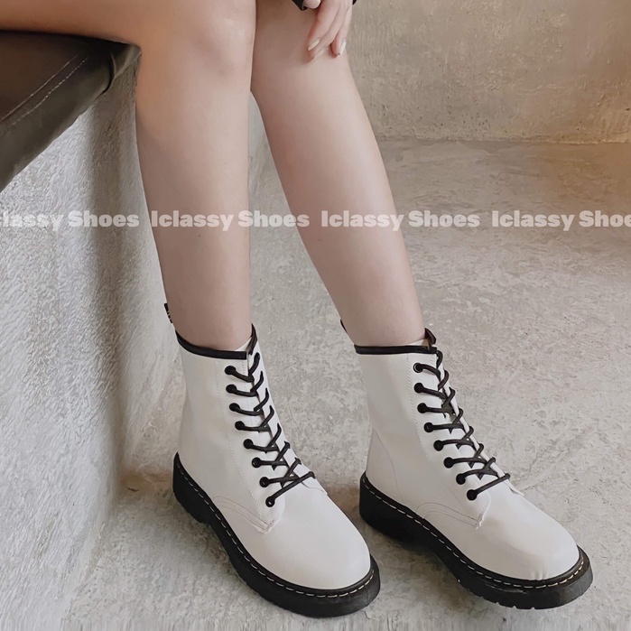 Giày Bốt Martin Ulzzang, Bốt Chiến Binh Da Nữ Cổ Cao Đế Độn 3cm Phong Cách Vintage, Hàn Quốc - Iclassy_shoes