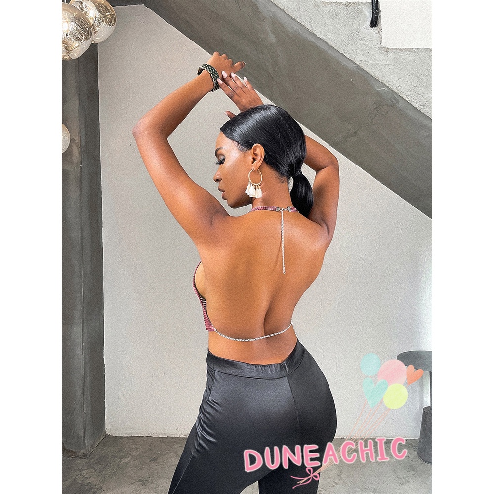 DUNEA Áo Croptop Hai Dây Kim Loại Lấp Lánh Gợi Cảm Cho Nữ