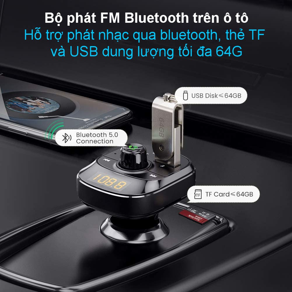 Sạc ô tô đa năng UGREEN ED040 70717 Phát FM, Bluetooth 5.0, sạc nhanh PD, cổng USB 2.0, đọc thẻ TF, có đèn LED