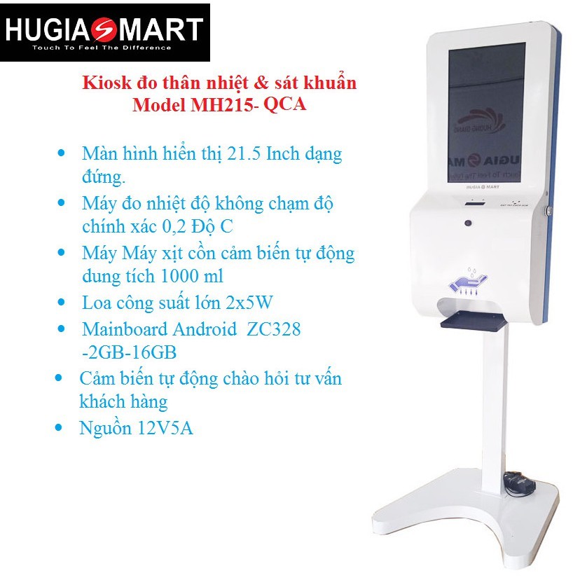 Máy sát khuẩn tự động ,máy đo thân nhiệt tích hợp màn hình quảng cáo ,tra cứu thông tin Hugiasmart Model MH215-IN