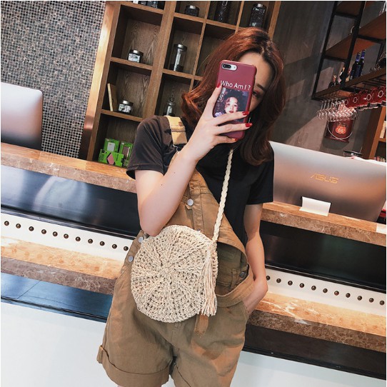 Labonia-Túi cói đeo chéo hình tròn phong cách Bali cho nữ