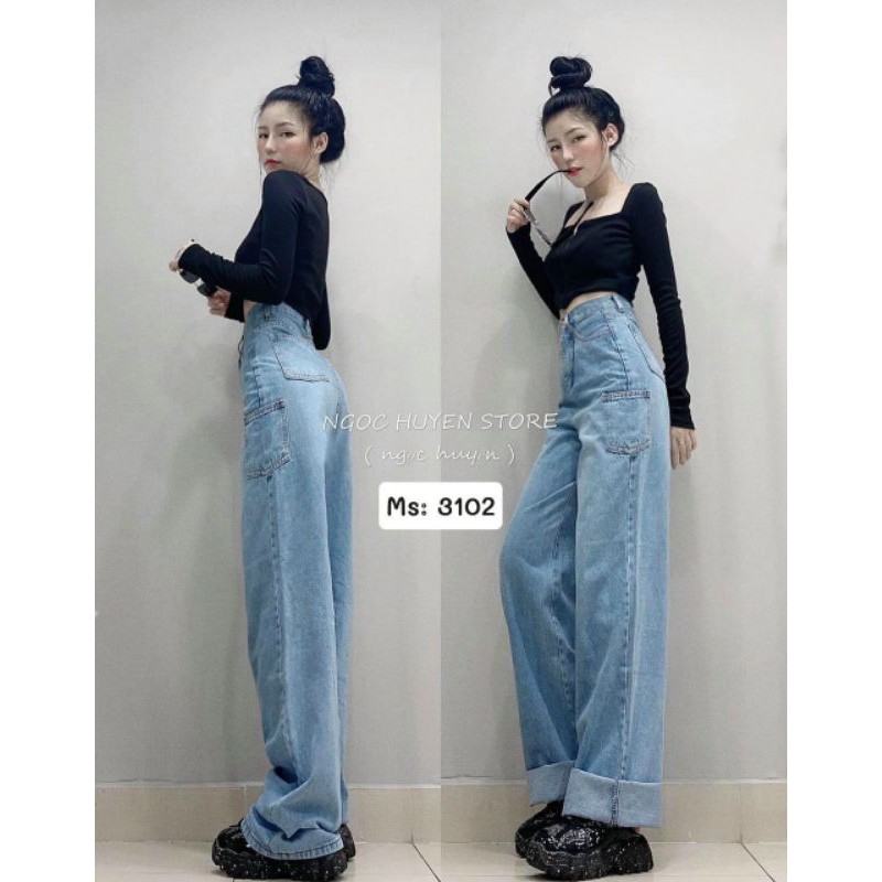 [Giá siêu rẻ] Quần jeans ống rộng túi bên hông điểm nhấn (3102), hình thật trải sàn