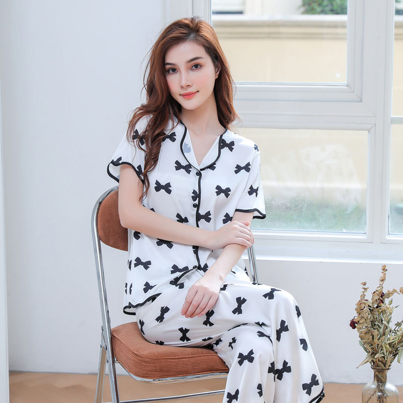 Bộ đồ ngủ ngắn tay họa tiết nơ phong cách Hàn Quốc nữ tính thoải mái