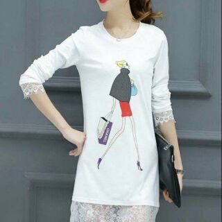 D0545 Đầm trắng suông hình cô gái