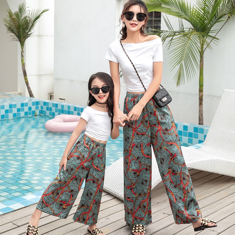 Family Matching Clothing Mother and Daughter Casual Floral Print Long Loose Pants Trousers