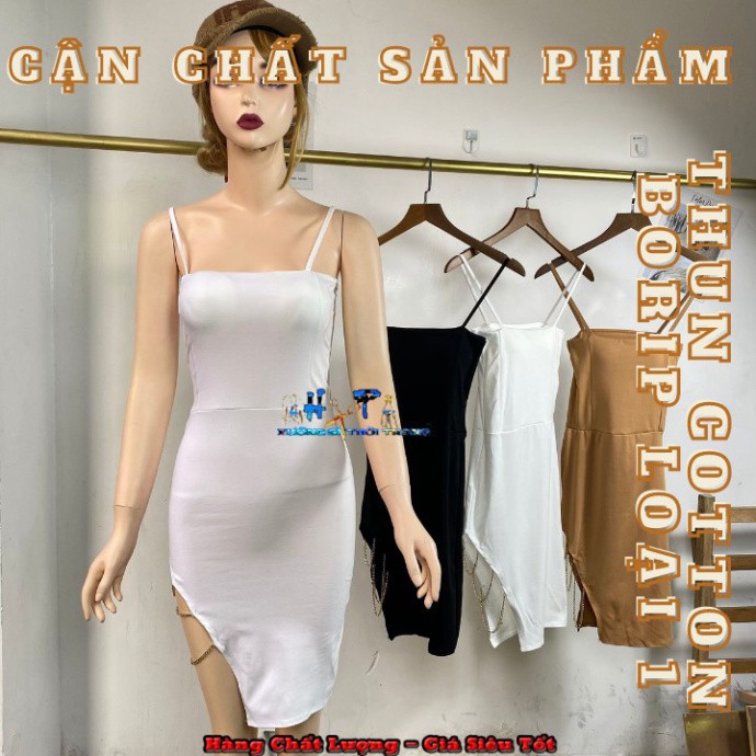 Đầm ôm body 2 dây thun bôrip loại 1 phối xích vàng sang chảnh mẫu hót trend thời trang 2020 [GIÁ SỈ]