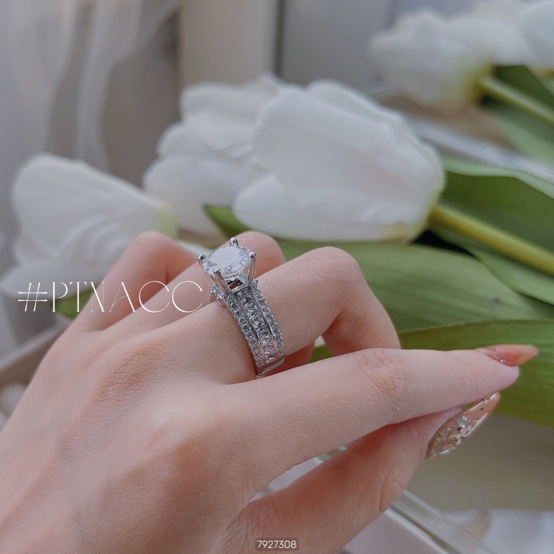 Nhẫn xi bạch kim đá tròn, nhẫn nữ đính đá đơn giản .PTNACC.