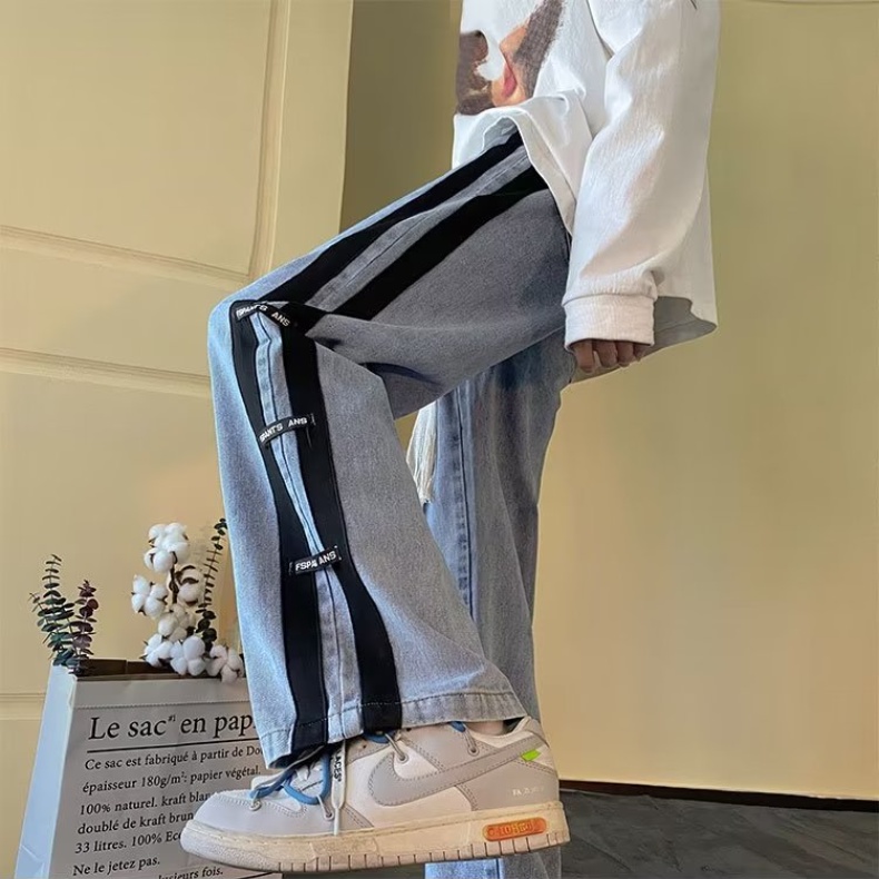 Quần Jean Nam Dài Ống Rộng Họa Tiết Kẻ Sọc Thời Trang Hàn Quốc Cho Nam Và Nữ Quần Jean Sọc Dây Rút Nam