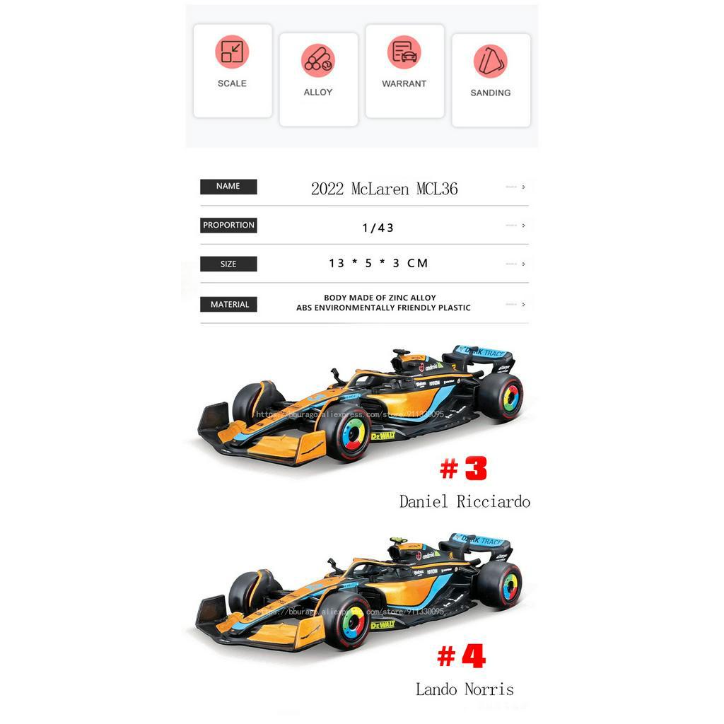 Bburago Xe Hơi bburago 1: 43 2022 f1 mclaren mcl36 Tỉ Lệ 1: 43 #3 Vòng Hoa Laniel Riciardo #4 Mô Hình Xe Hơi lando norris Bằng Hợp Kim Chất Lượng Cao