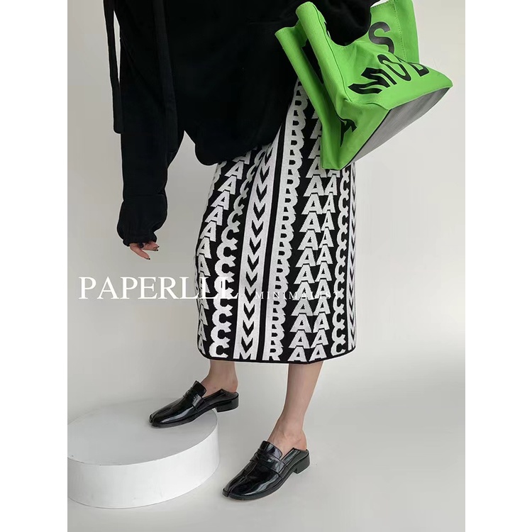 Chân Váy Dệt Kim Lưng Cao In Chữ Thời Trang Thu Đông Cho Nữ