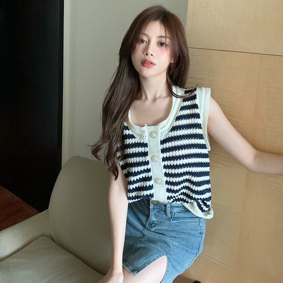 【ZHELIHANGFEI】Áo Dệt Kim Sát Nách Dáng Rộng Kẻ Sọc Trẻ Trung Hợp Thời Trang