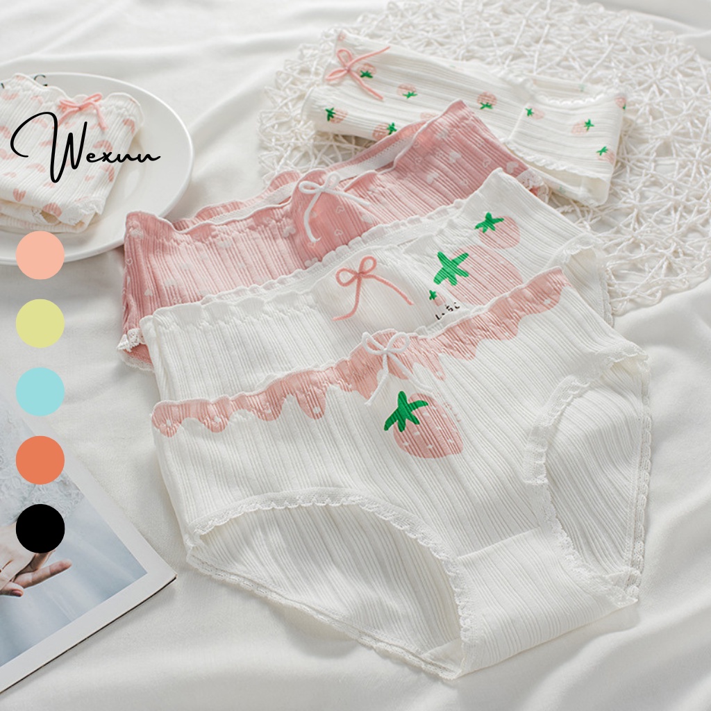 Quần lót cotton nữ Wexuu Design, Quần lót nữ chất cotton phối viền ren họa tiết dâu nơ dễ thương QC31