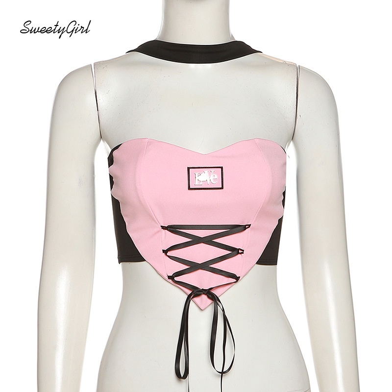 Áo Tank Top 2022 Dây Rút Hở Lưng Màu Sắc Tương Phản Thời Trang Dành Cho Nữ