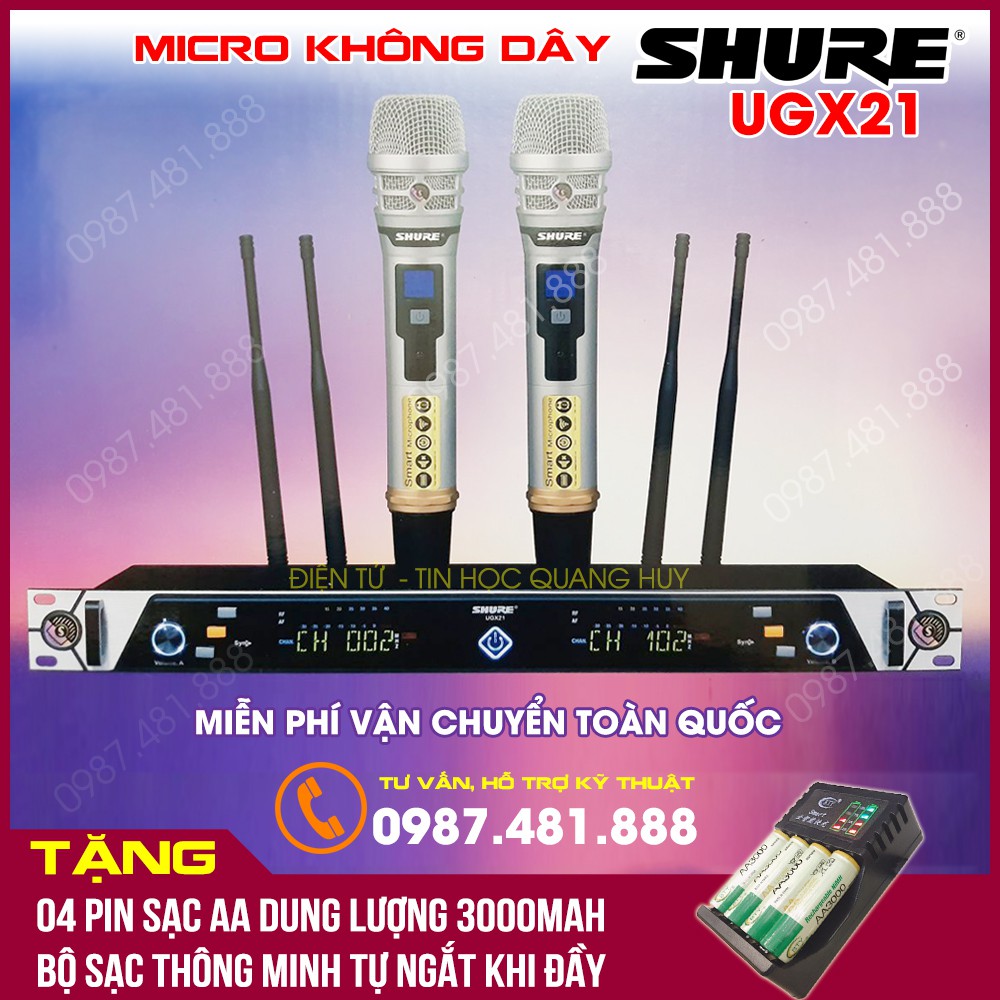 Micro không dây Shure UGX 21 loại 1 tặng pin sạc dung lượng 3000mAh và bộ sạc thông minh tự ngắt khi đầy