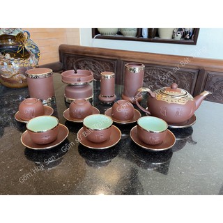 [Bát Tràng] Bộ Ấm Trà Tử Sa Khắc Phúc Lộc Thọ Bọc Đồng