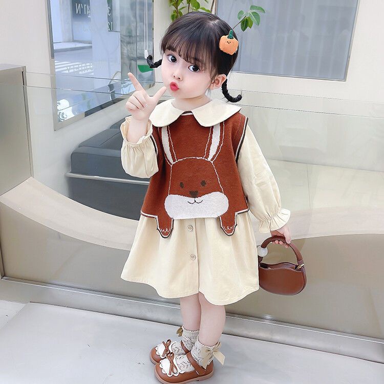 Mới Set Đầm Kaki Tay Dài + Áo Khoác Ghi Lê Dệt Kim In Hình Thỏ Dễ Thương Thời Trang Mùa Thu Cho Bé Gái
