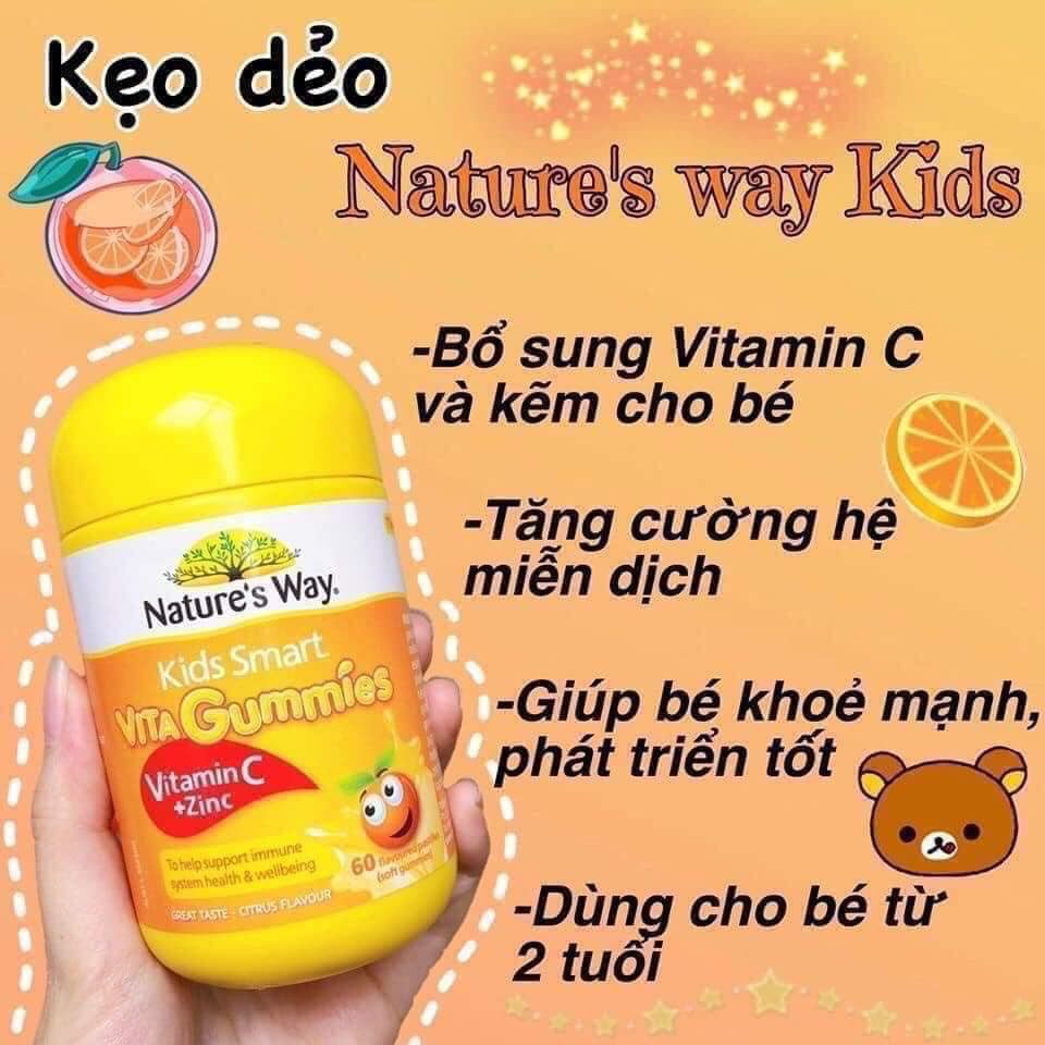 [Mã MKBC245 giảm 8% đơn 400K] [CHÍNH HÃNG] Kẹo Vita Gummies Vitamin C + Zinc Nature’s Way 60 viên - Xuất xứ Úc