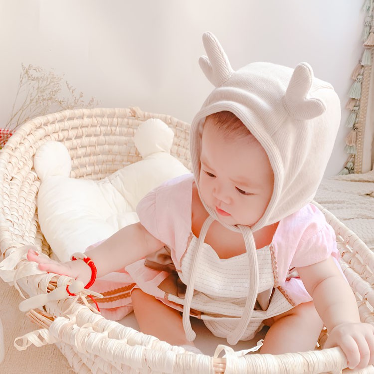 Nón vải cotton cột dây có sừng đáng yêu cho bé
