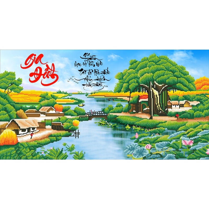 Tranh Đính Đá/Tranh Thêu Gia Đình Làng Quê Lv530,Lv3480