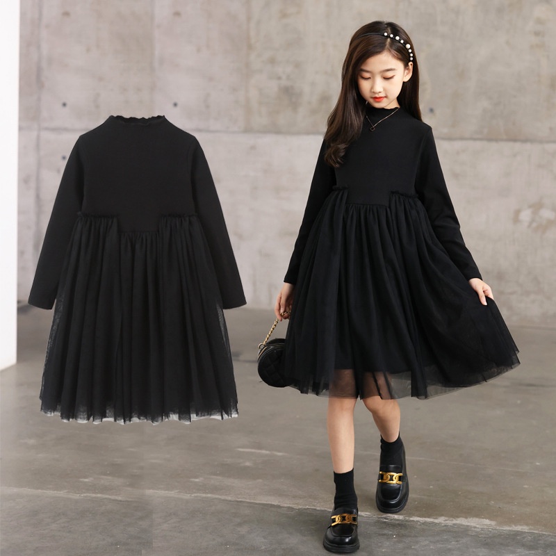 Đầm Công Chúa Tay Dài Bằng Vải Tuyn Phối Tulle Màu Đen Và Xám Thời Trang Xuân Thu Cho Bé Gái