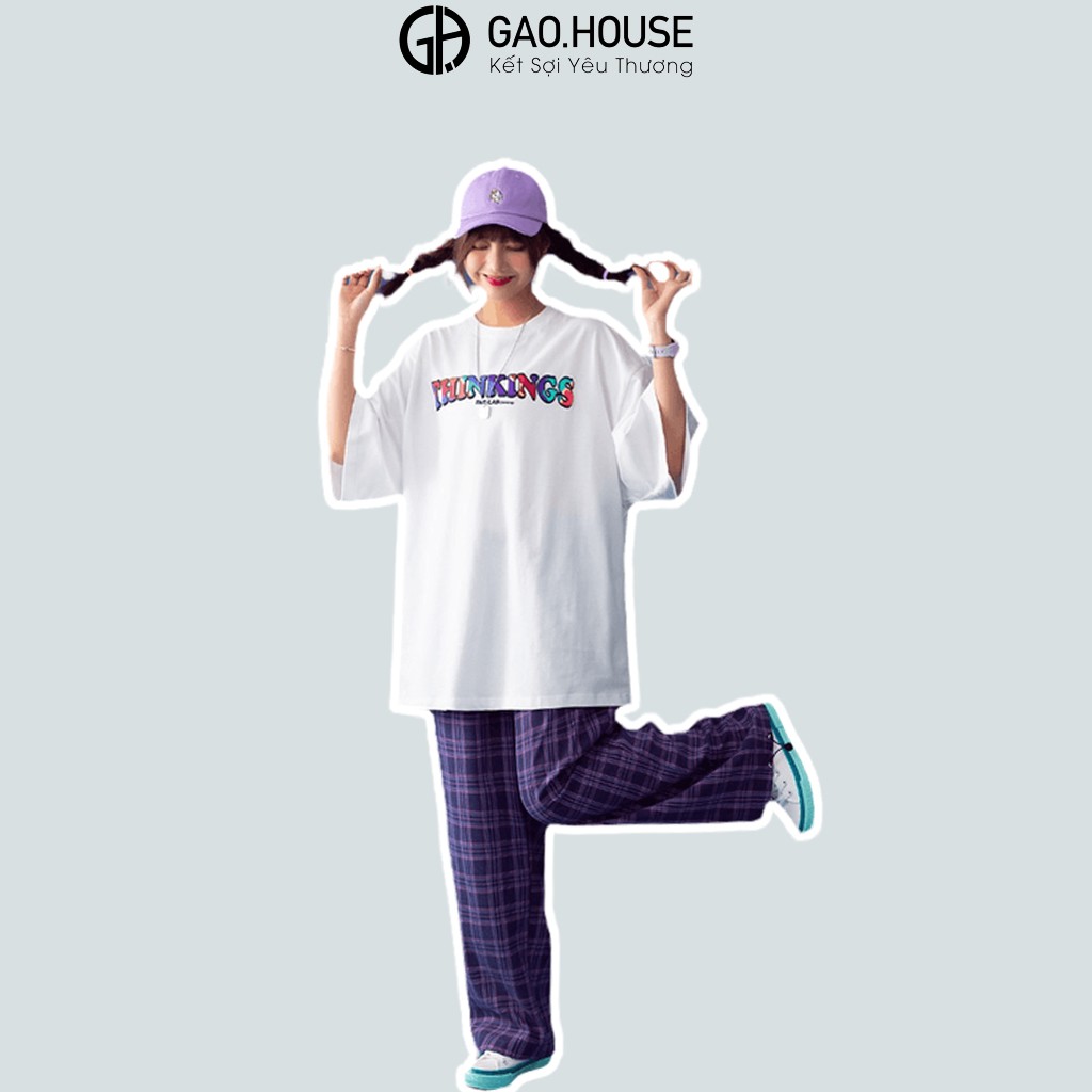 Áo thun nam nữ oversize Gạo House phong cách unisex form rộng tay ngắn, cổ trònmàu trắng chữ Thinkings (V219)