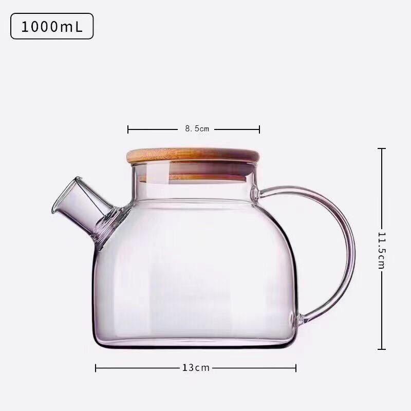 Ấm Trà 6 Chén Thủy Tinh, Bình Đun Nước, Detox Pha Trà 1000ML Nắp Gỗ Chịu Nhiệt