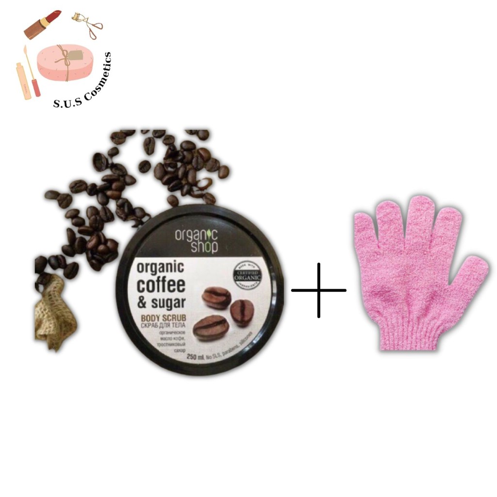 Bộ Đôi Muối Tắm Organic Coffee &amp; Sugar Body Scrub Và Găng Tay Tẩy Tế Bào Chết Dành Cho Body