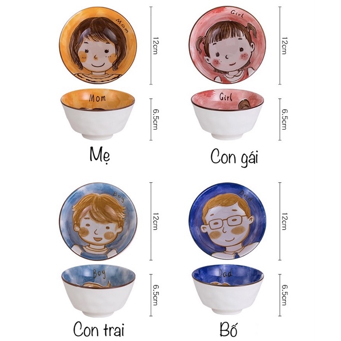 Bát cơm gia đình, chén ăn cơm 6 thành viên ngộ nghĩnh đáng yêu, bát sứ gia đình quà tặng ý nghĩa