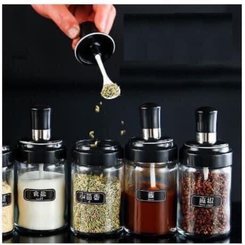 Hũ thủy tinh đựng gia vị có thìa - hũ gia vị kèm nắp và thìa - lọ đựng gia vị thông minh
