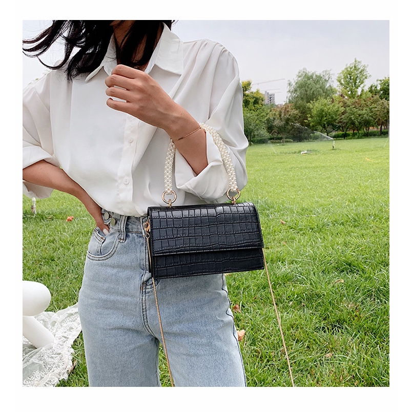 Túi xách đeo vai JASMIN NOIR bằng da Pu với tay cầm phối ngọc trai thời trang sang trọng cho nữ