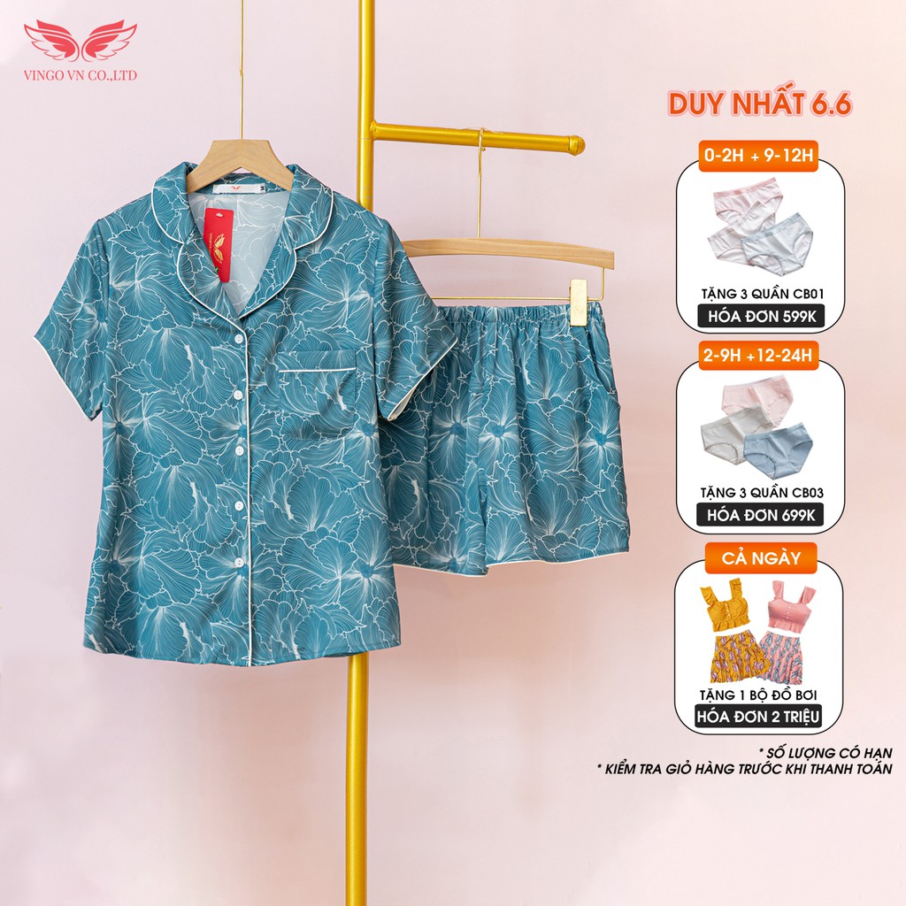 VINGO Bộ Đồ Mặc Nhà Kiểu Dáng Pijama Nữ Lụa Pháp Tay Cộc Quần Cộc Họa Tiết Hoa Thủy Tiên Trắng Nền Xanh Dương H407 VNGO