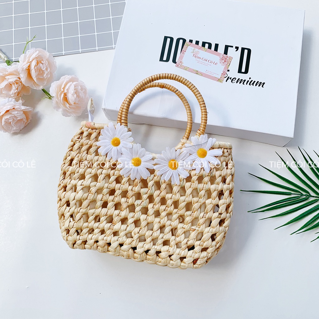 Túi cói lục bình dáng bầu đan thưa thắt nơ quai tròn xinh xắn - Tiệm Cói Cô Lê