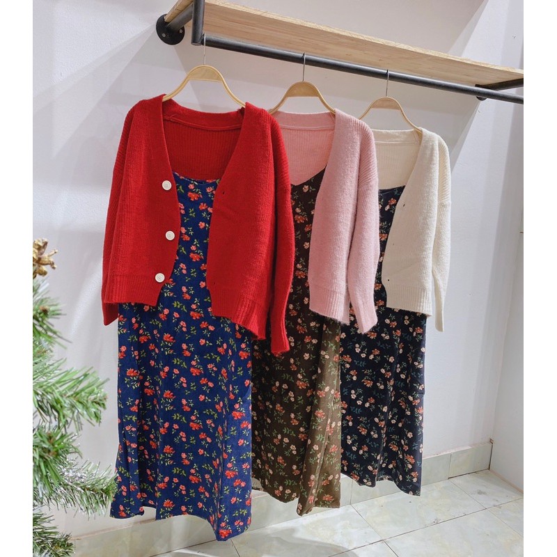 Váy hai dây hoa nhí vải nhung tăm suông A  VKE 9176-9 Ulzzang style 🌸 Hàng Quảng Châu