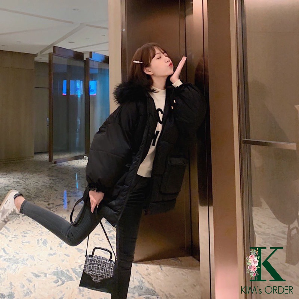 Áo khoác phao nữ màu đen be vàng xanh dài tay có mũ khoá kéo túi hai bên phong cách Hàn Quốc dáng rộng dày dặn | BigBuy360 - bigbuy360.vn