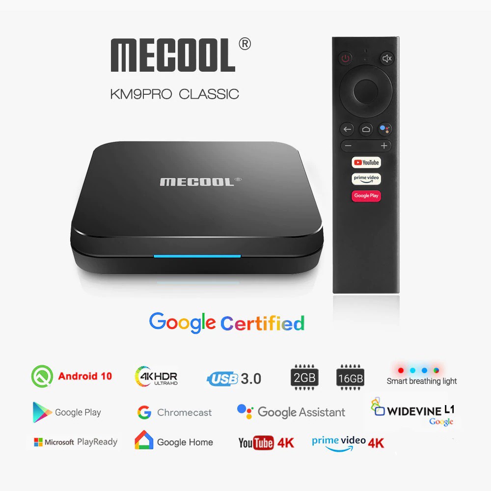 Mecool KM9 PRO CLASSIC, Android TV 10 chính chủ Google - 2GB RAM, 16GB Bộ nhớ trong, có điều khiển giọng nói kèm theo