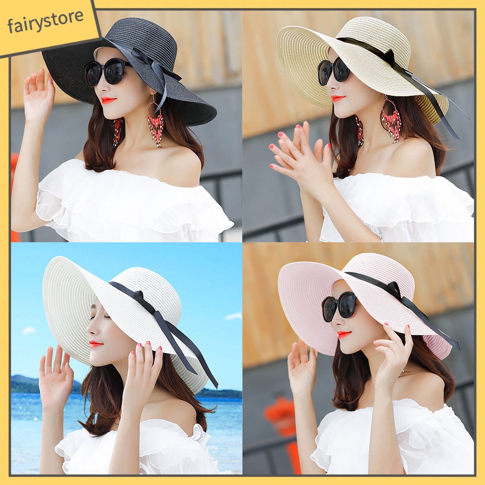 Nón Cói Rộng Vành Phối Ruy Băng Thắt Nơ Có Thể Gập Lại Thời Trang Mùa Hè Cho Nữ