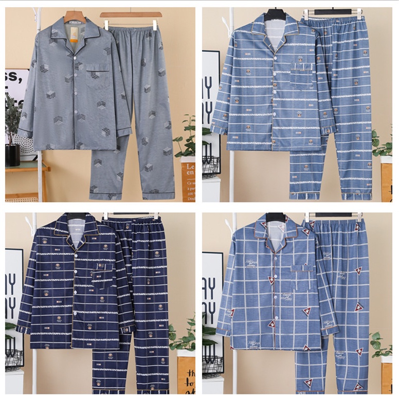 Bộ Đồ Ngủ Tay Dài Cổ Bẻ Thời Trang Mùa Thu Cho Nam Trung Niên Baju Tidur Budak Lelaki Lengan Panjang
