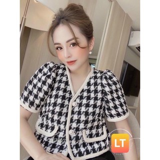 Áo dạ caro ngắn tay nữ bồng viền free size từ 43-60kg