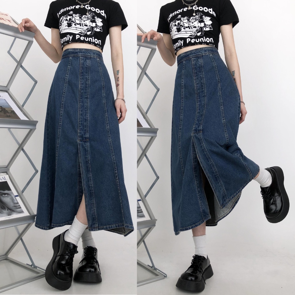 Chân váy jean dáng dài chữ A, chân váy bò xoè kéo khoá phía sau theo phong cách Hàn Quốc 2021 hàng ỏder Taobao