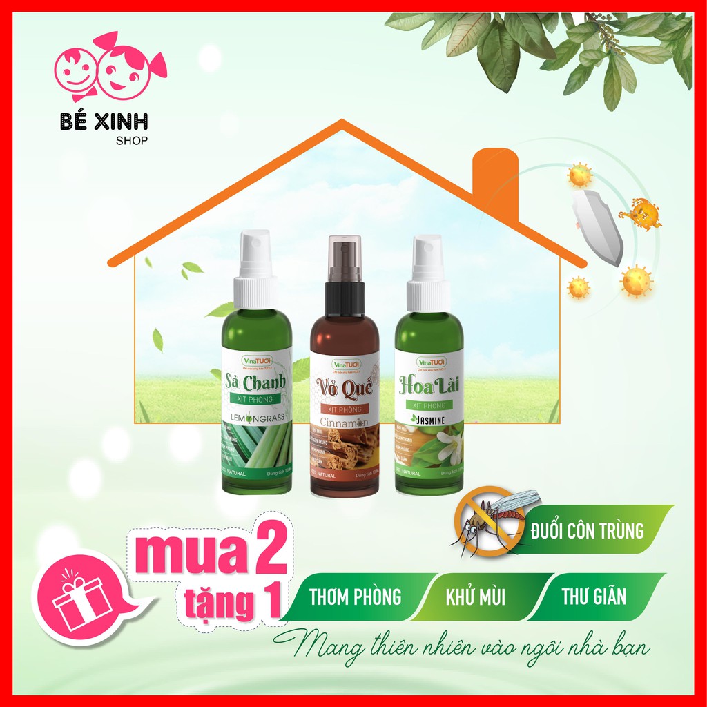 Tinh dầu xịt chống muỗi thơm phòng ngủ [MUA 2 TẶNG 1] Vina Tươi 100ml Tinh dầu xịt phòng hương quế chanh sả thiên nhiên