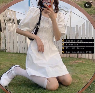 Váy cổ vuông chun eo + phí shopee